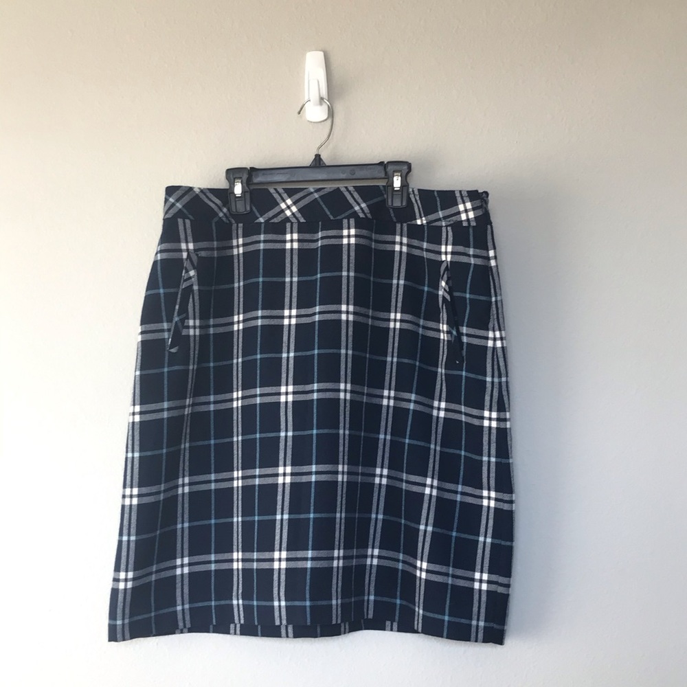 Navy blue and white plaid skirt